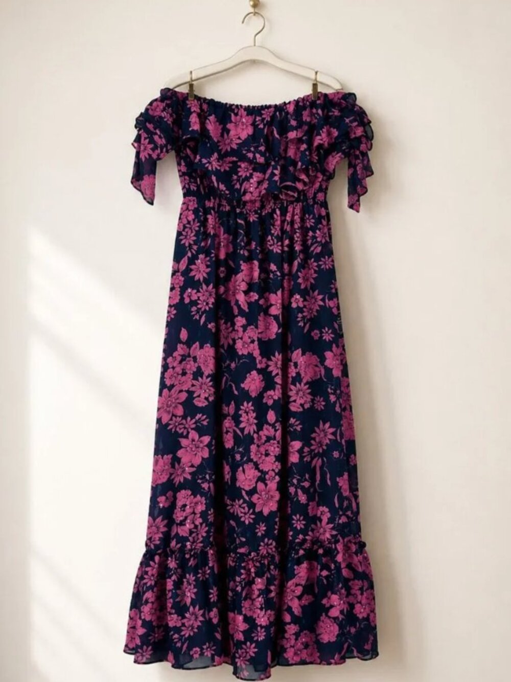 NWT Lulus Love And Blooms Navy Blue Floral Off-Shoulder Maxi Dress M Tiered